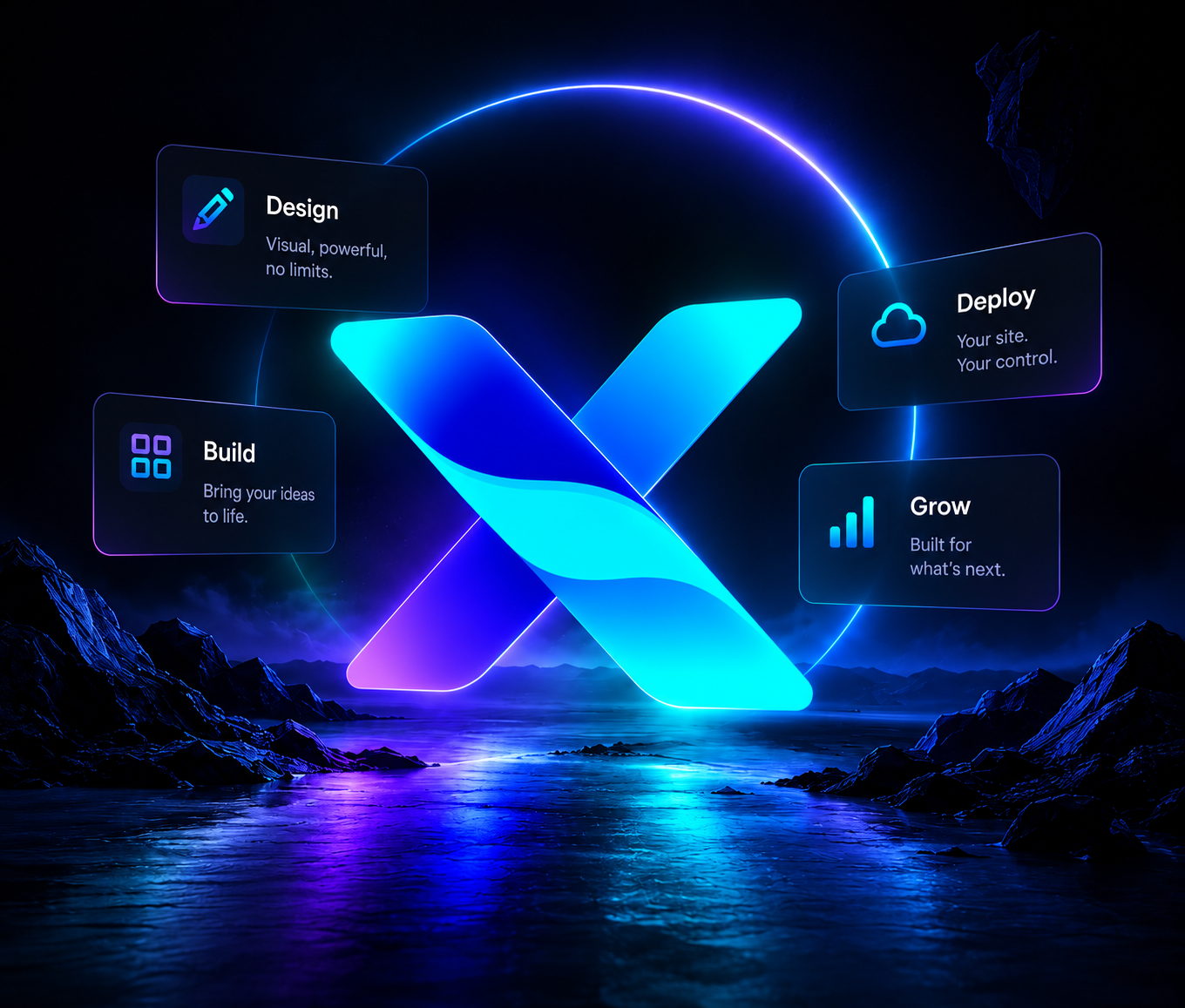 Glowing Xendio Studio X with Design, Build, Deploy and Grow feature cards in a futuristic neon landscape